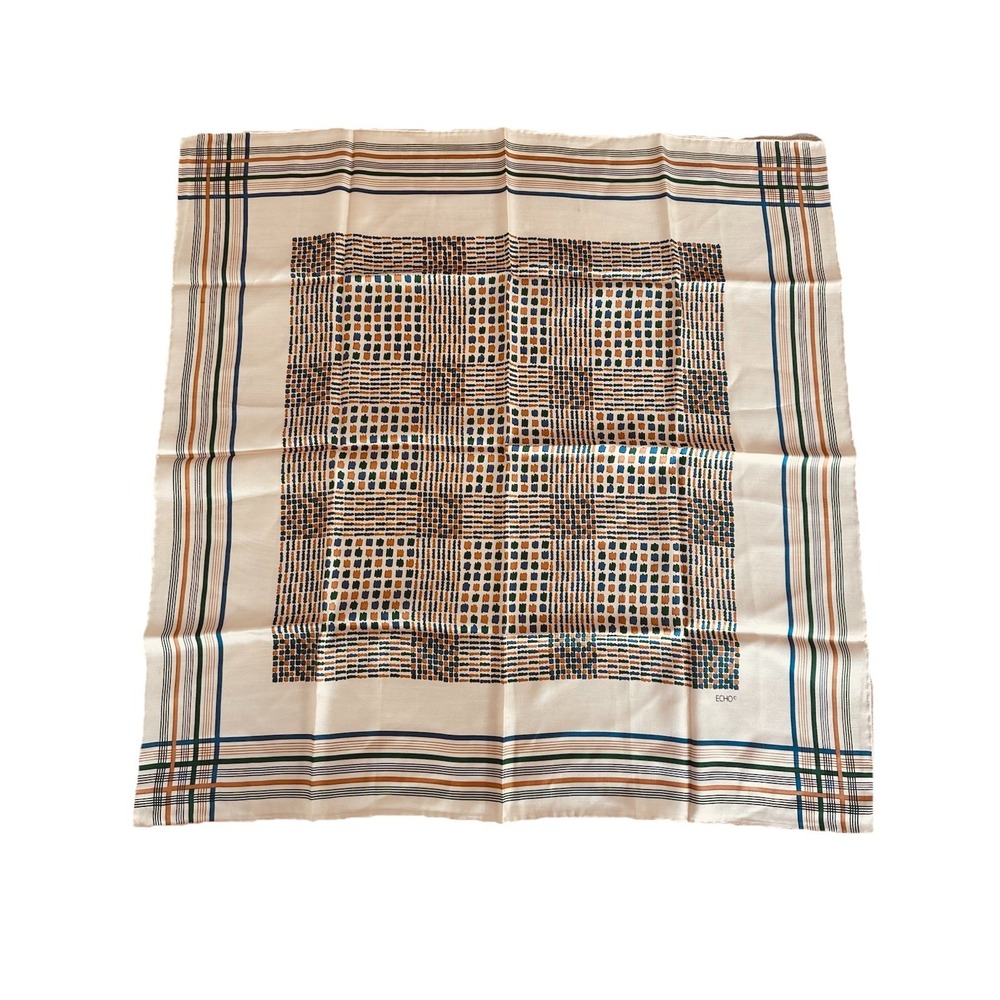 VTG Echo Rolled Edge Silk Scarf Geometric Paisley Beige Signed 26 Square